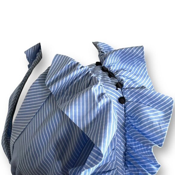 Manoush Womens Dress Sz 42 US 10 Blue White Stripe Ruffle Sleeve Plunge Neckline - Picture 7 of 11